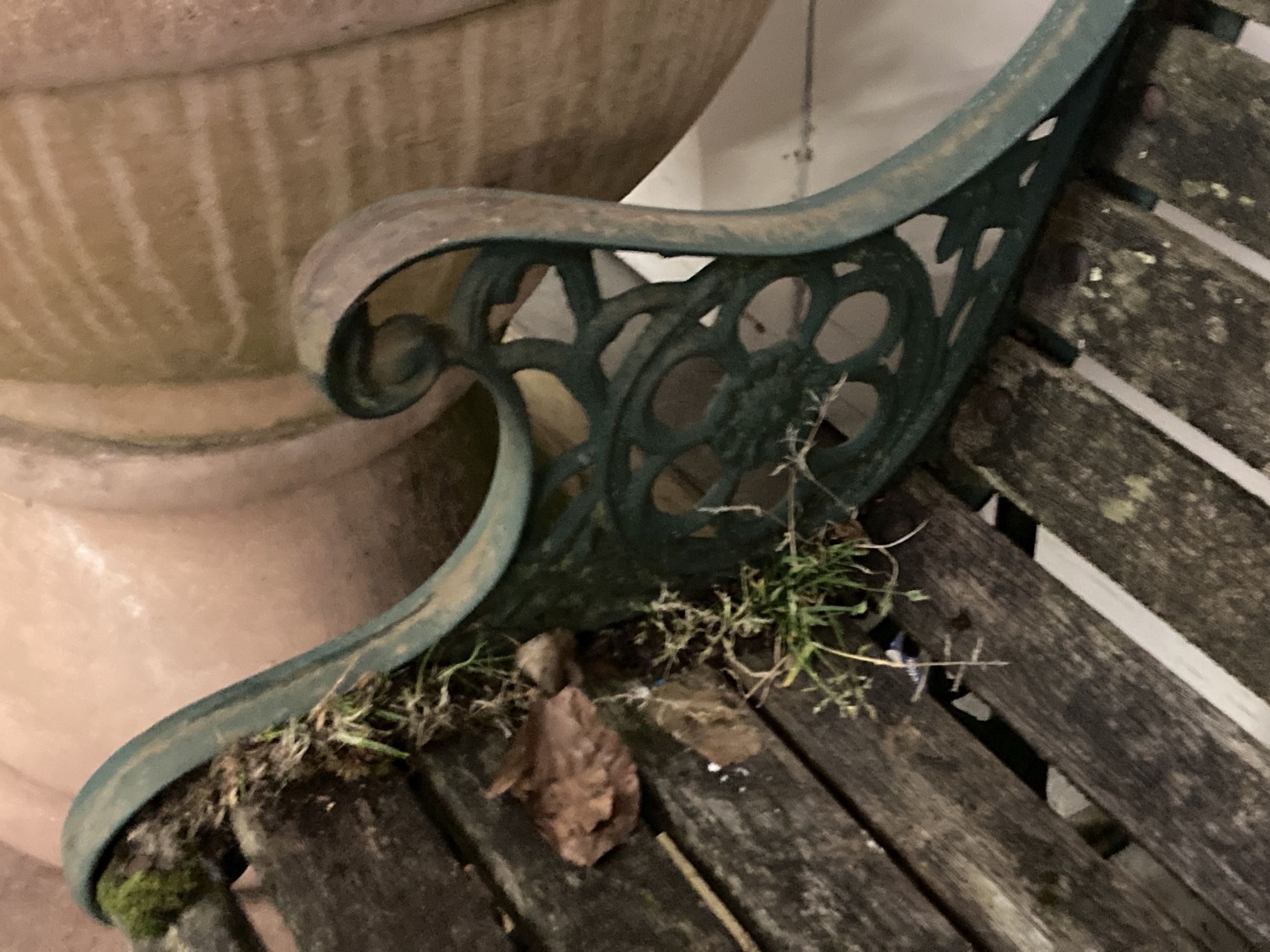 A Victorian style cast metal slatted garden bench, length 128cm, depth 58cm, height 70cm